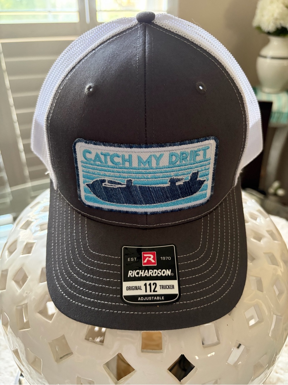 New Richardson Trucker Hat "Catch My Drift" - Gray & White with Blue Patch